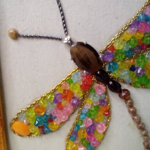 Handmade Dragonfly Beaded Artwork Stones Mixed Media Canvas Framed Decor 12 x 10 - Picture 7 of 15